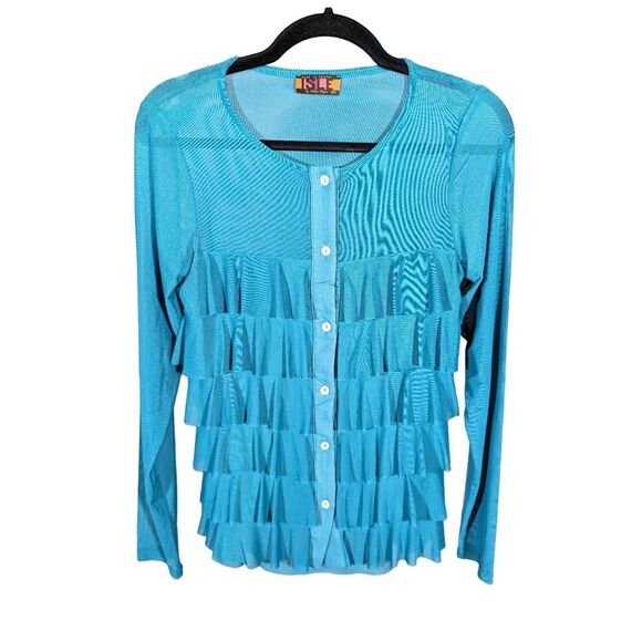 NWOT Made in Turkey Isle See-through Cardigan with Ruffles Blue Women's XS - Picture 1 of 7